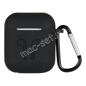 Чехол для наушников AirPods силиконовый с карабином (черный)